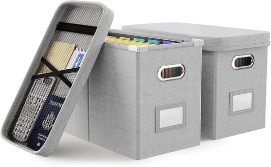 Oterri File Organizer Box with Lid, Hanging Filing File Box with Mesh Pocket, Document Organizer Box for Letter Files, Portable Storage Box with Smooth Sliding Rail for Office&Home (2 PCS, Light grey)