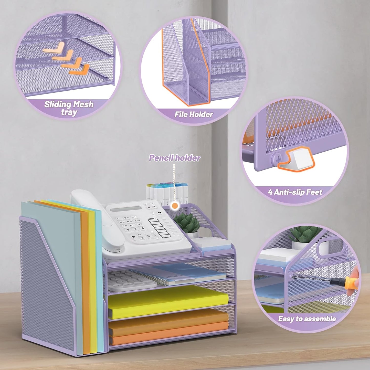 DocNest 4 Tier Paper Letter Tray File Organizer, Mesh Desk File with Handle, Workspace Desk Organizers with Pen Holder, Office Organization Storage Accessories - Purple