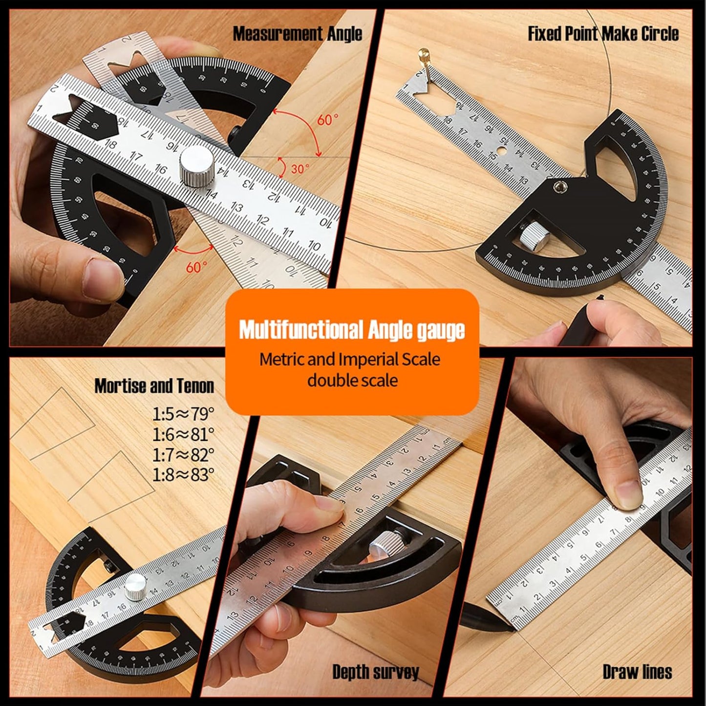 Protractor Angle Finder Stainless Steel Angle Ruler with 0-180 Degrees Adjustable Angle Square 8-Inch Woodworking Ruler for Woodworking/Carpenter/Construction/Measurement/Hobbyists