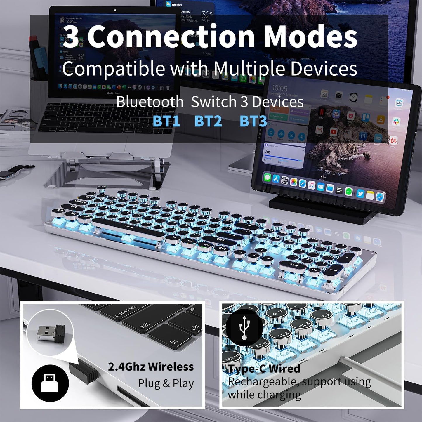 EWEADN TK950 Typewriter Keyboard Wireless Mechanical Keyboard, 104 Keys Aesthetic Typewriter Keyboards with Blue Backlit, Anti-Ghosting, Blue Switch Bluetooth/2.4GHz/Wired Cute keyboards-Black