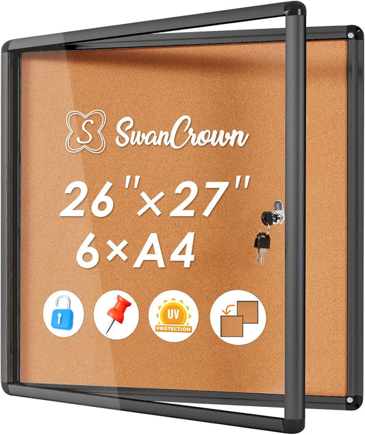 SWANCROWN Lockable Noticeboard Wall-Mounted Bulletin Cork Boards Tamper Proof Information Board Indoor,Black Frame,28x26 inch (6xA4)