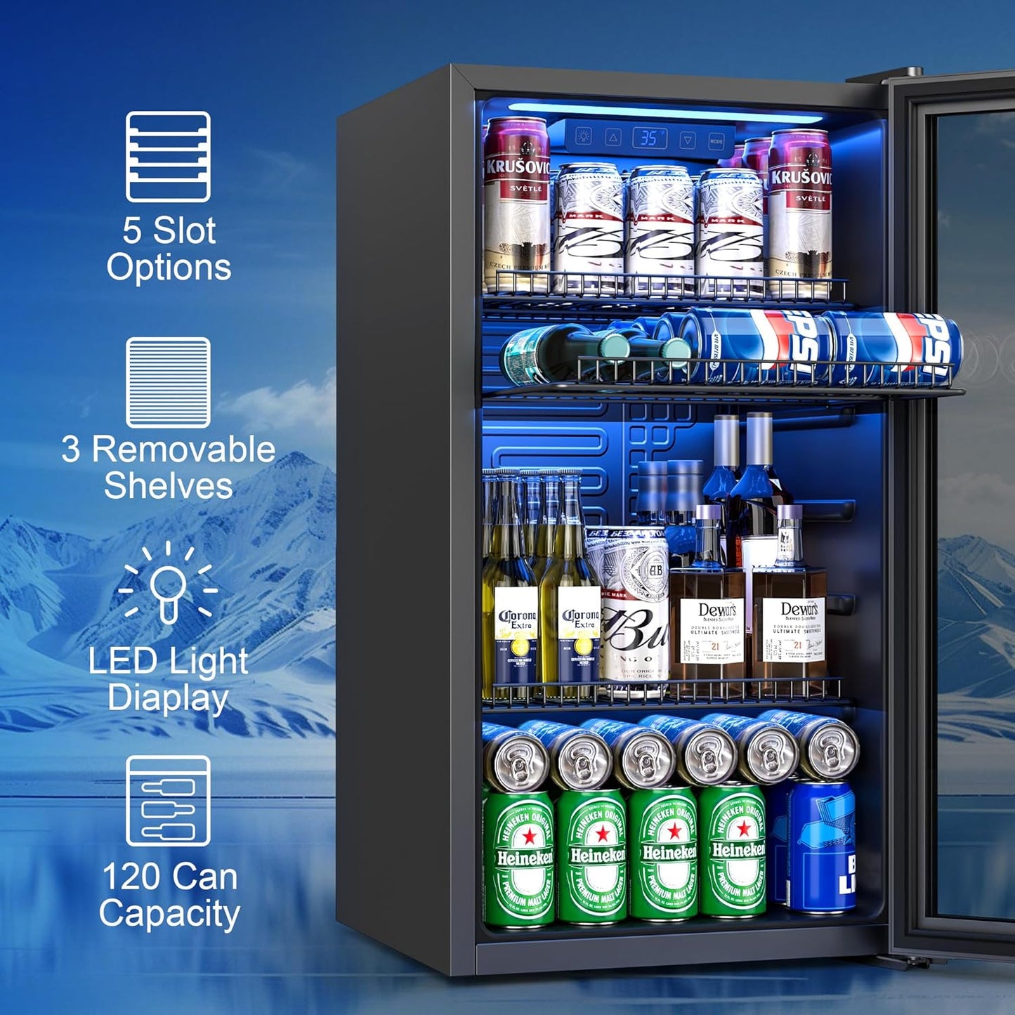 Beverage Refrigerator Cooler, 120 Can Drink Fridge with Glass Door for Soda Beer or Wine, Digital Temperature Control, Mini Fridge for Bedroom, Bar, Office (Black, 3.23 Cu.Ft)