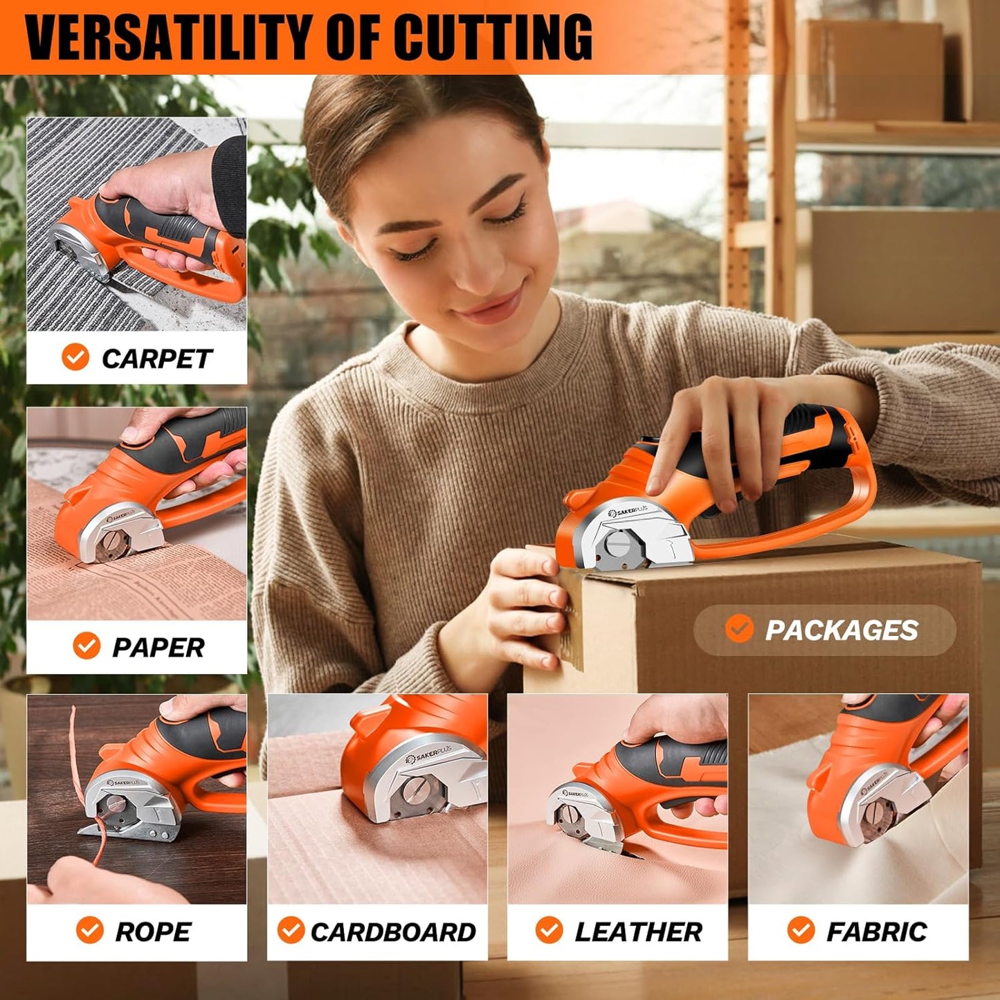Cordless Electric Scissors,4V Rechargeable Cardboard Box Cutter Heavy Duty Fabric Scissor with Safety Lock & LED Light,Power Rotary Cutter for Leather Carpet Plastic Cutting,Sewing,Crafting