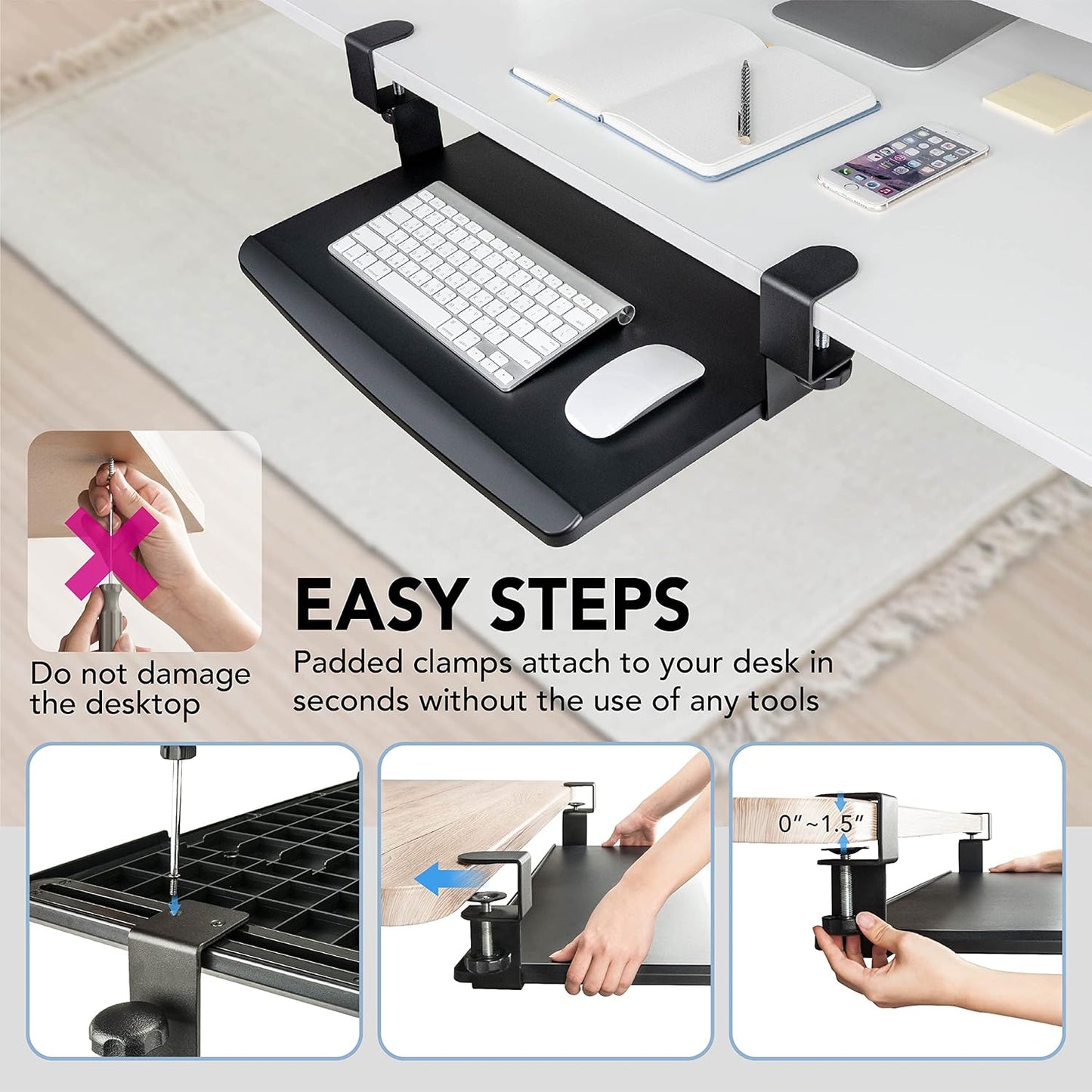 EHO Clamp-On Retractable Adjustable Keyboard Tray, Under Desk Ergonomic Keyboard Tray - Easy Tool-Free Install - Small Surface 20" (24.8" Including Clamps) x 11.5"