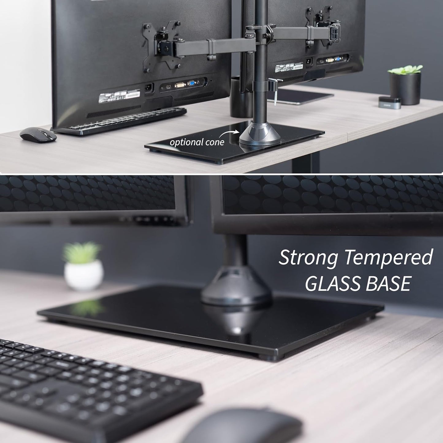 VIVO Freestanding Dual Monitor Stand with Sleek Glass Base and Adjustable Arms, Mounts 2 Screens up to 32 inch and 22 lbs Each, Black, STAND-V002FG