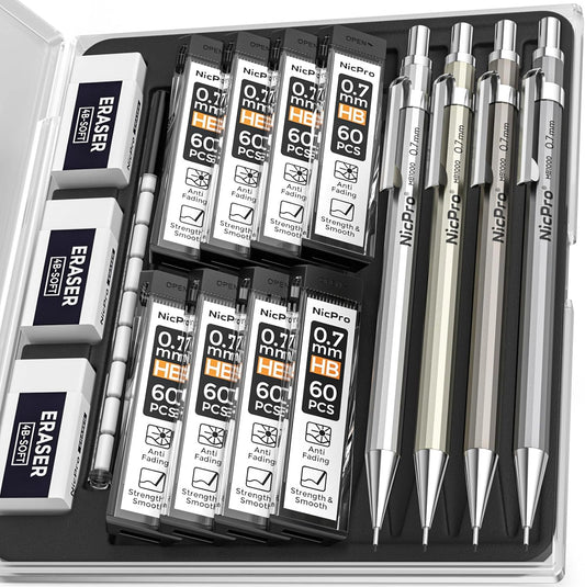 Nicpro 4 Pack Mechanical Pencil 0.7mm with Case, MB1000 Metal Mechanical Pencil Set with 8 Tube HB #2 Lead Refill 0.7 mm, 3PCS 4B Eraser, 9 Cap Eraser for Artist Drafting Writing, Sketching, Drawing