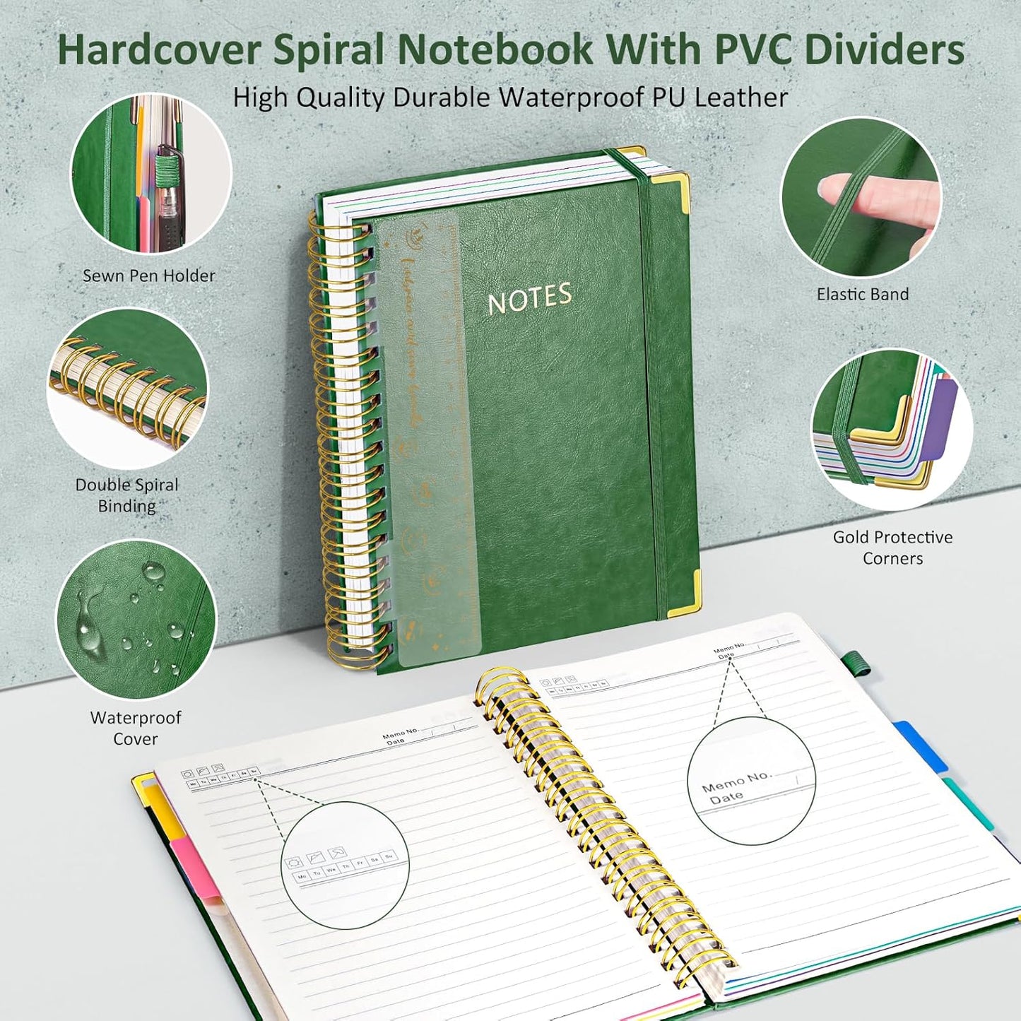 Hardcover Spiral Notebook Journal, 8"x10" Large B5 Notebooks with Removable Dividers Tabs, 300 Pages Leather 5 Subject Notebook College Ruled, Journal for Work School Note, 100 GSM Thick Paper,Green.