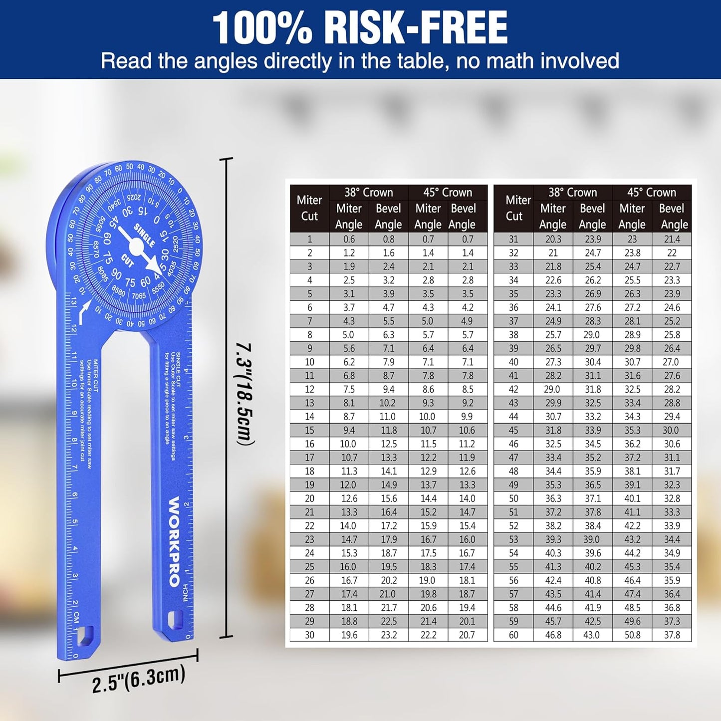 WORKPRO Aluminum Miter Saw Protractor, 7.3 Inch Angle Finder Featuring Precision Laser Engraved Scales for Inside and Outside Corner, Carpenters, Plumbers and All Building Trades, 360° Rotation, Blue