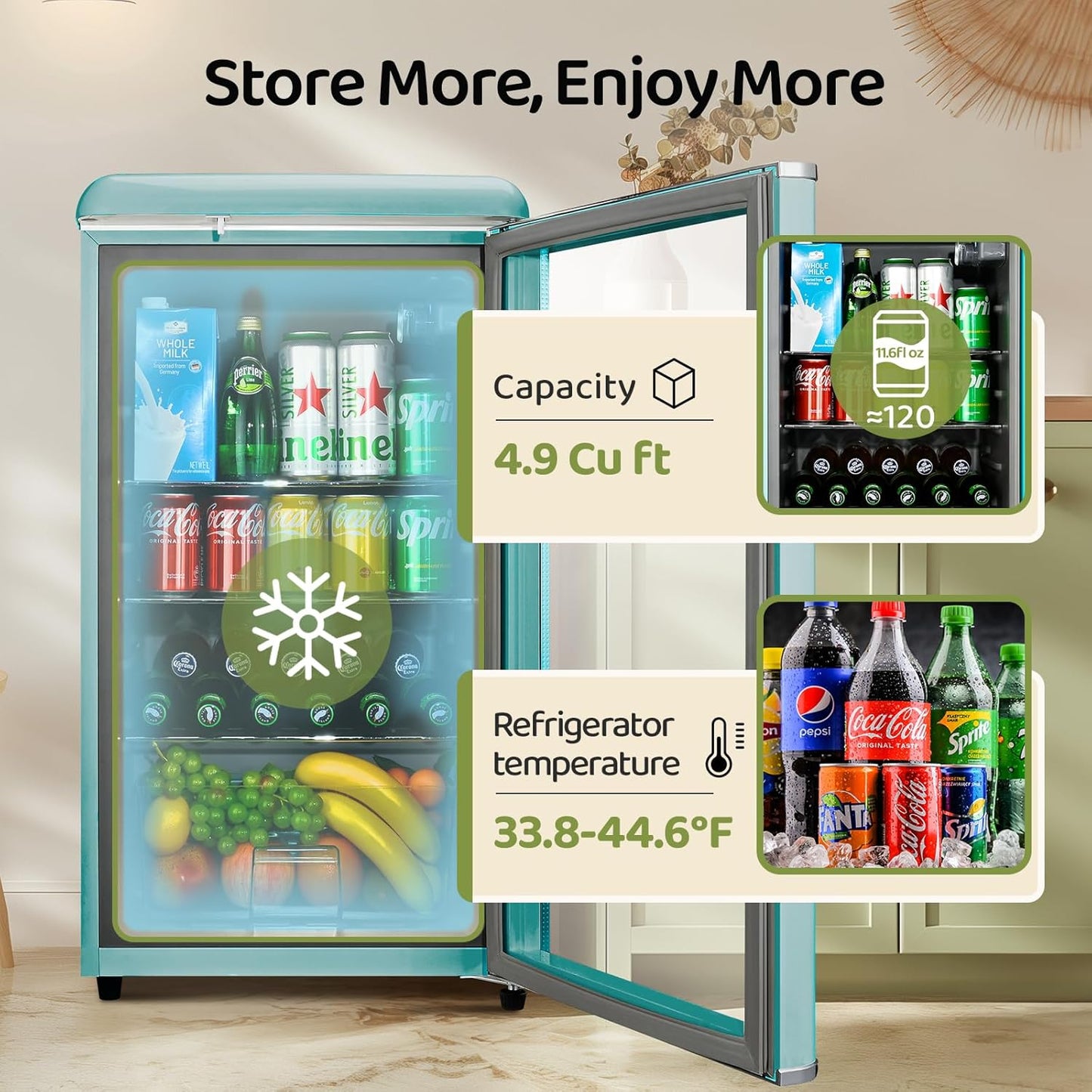 4.9 Cu.Ft Beverage Refrigerator Cooler with Double Tempered Glass Door, 120 Can Wine Drink Beer Retro Small Mini Fridge for Office Bedroom Bar with 7 Temperatures, Adjustable Shelves, Blue