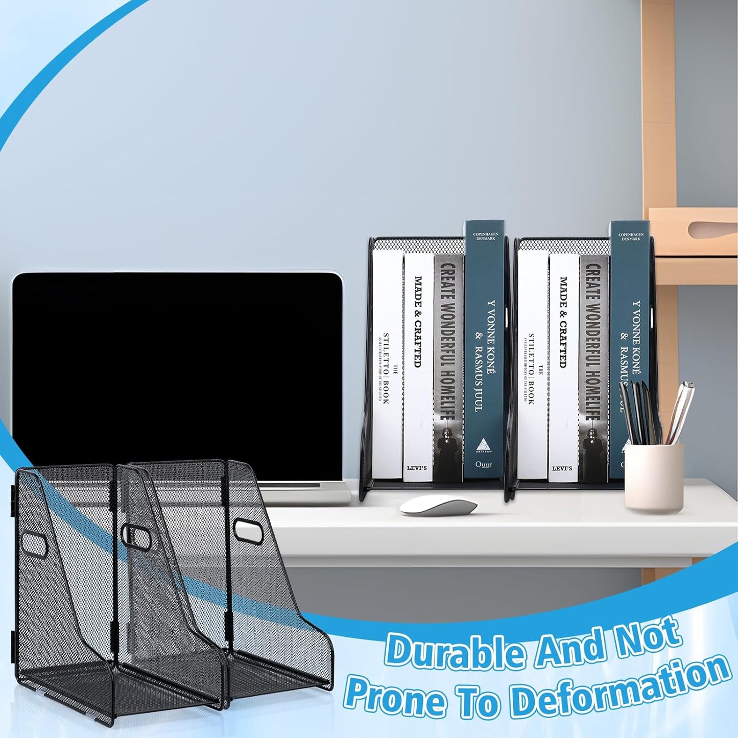 2 Pack Large Binder Folder Holder for Desk Metal Mesh Magazine File Holder Black Vertical File Storage Desktop Binder Organizer Desk Folder Organizer for 3Inch 4Inch 5Inch Binder 10" L x 6" W x 11" H