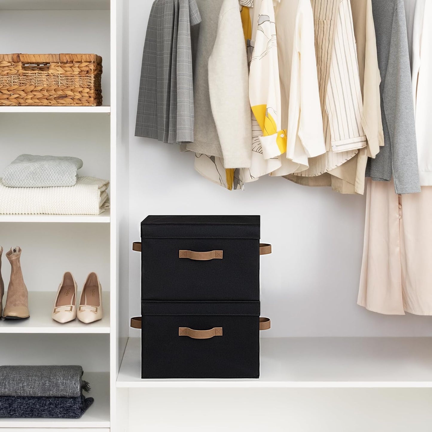 StorageWorks Fabric Storage Bins with Lid, Decorative Storage Boxes for Shelves, Stackable Closet Organizer Basket with Handles, Large, Black, 2-Pack