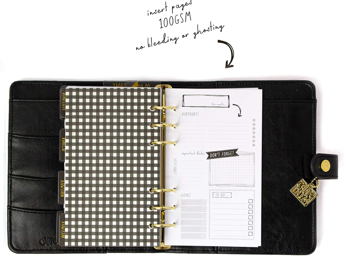 Pukka Pad, Carpe Diem Personal Planner - Soft Cover Binder with Weekly, Monthly Undated Inserts in Tabbed Sections, Interior Pockets and Sticker Sheets - 8 X 7.5 X 1.4 Inches, Black