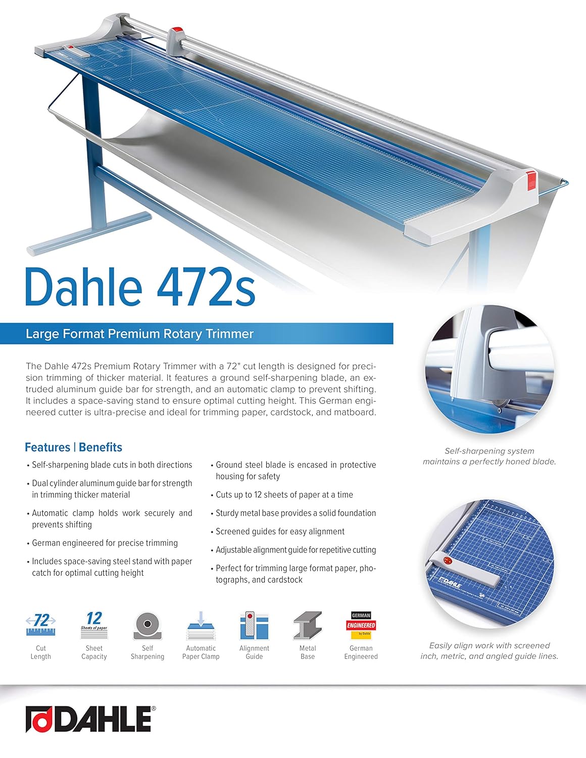 Dahle 472s Premium Rotary Trimmer w/Stand, 72" Cut Length, 12 Sheet Capacity, Self-Sharpening, Automatic Clamp, German Engineered Paper Cutter