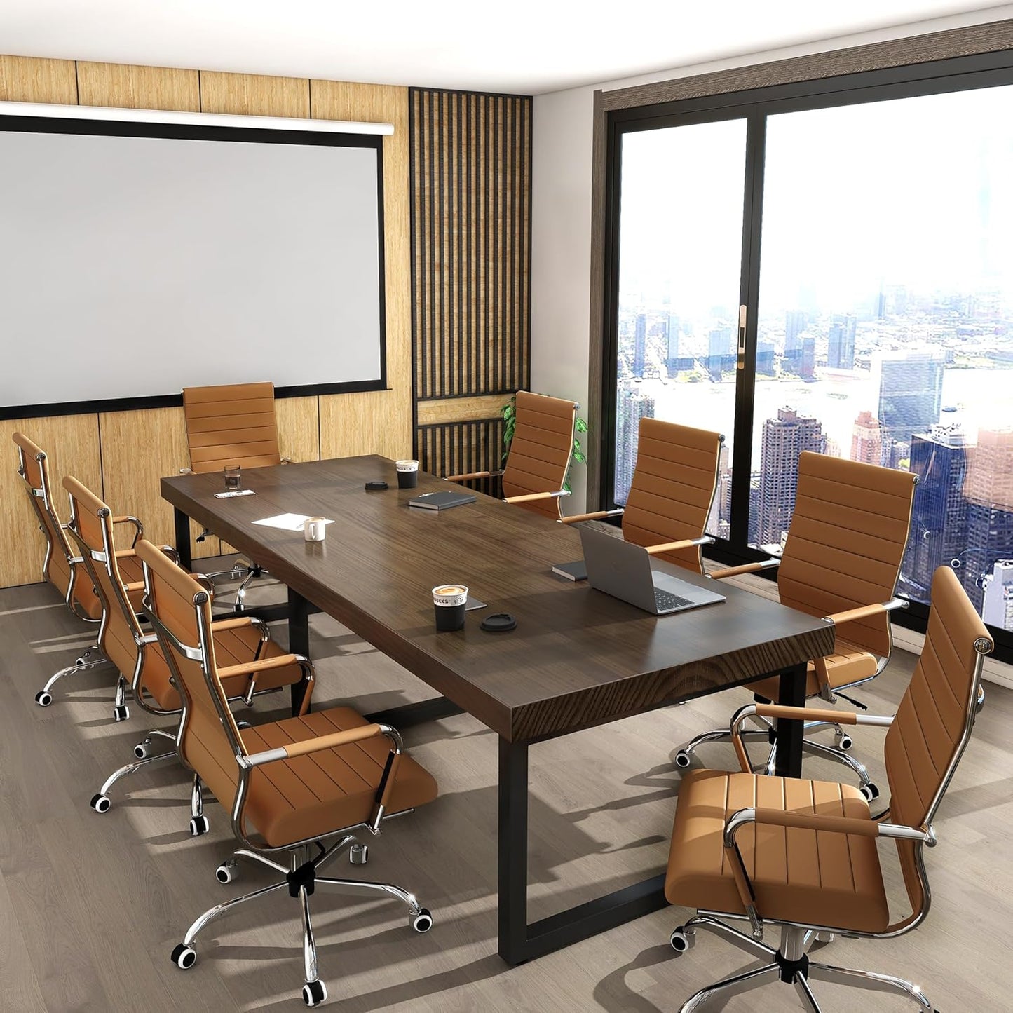 Home Office Chair Ribbed, Modern Leather Conference Room Chairs, High Back Executive Computer Chair, Ergonomic Office Desk Chair, Adjustable Swivel Chair with Arms (Brown)