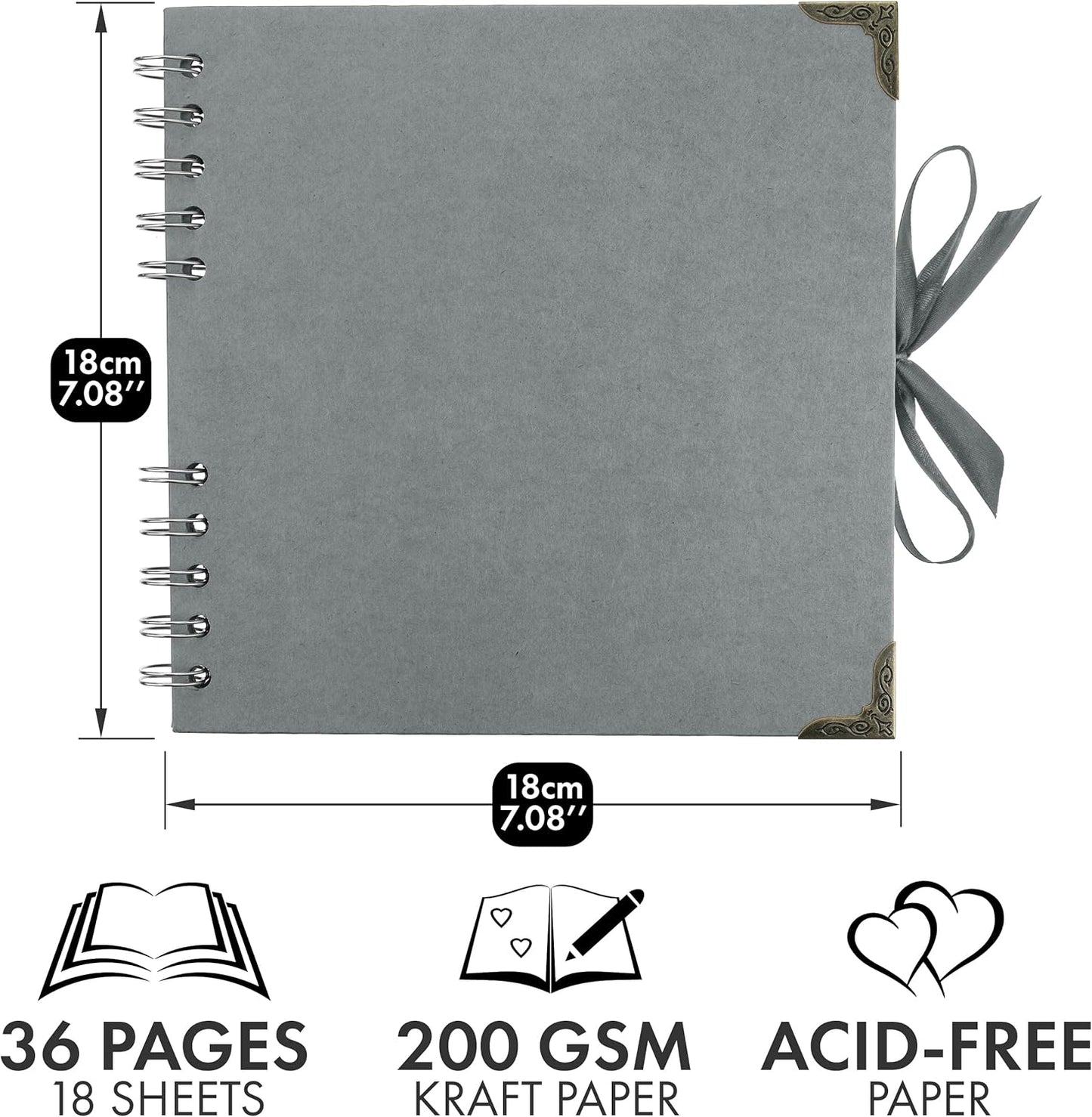 Bstorify Square Scrapbook Photo Albums 7 x 7 Inch Grey Hardcover with Ribbon Closure - Ideal for Scrapbooking, Art & Craft Projects