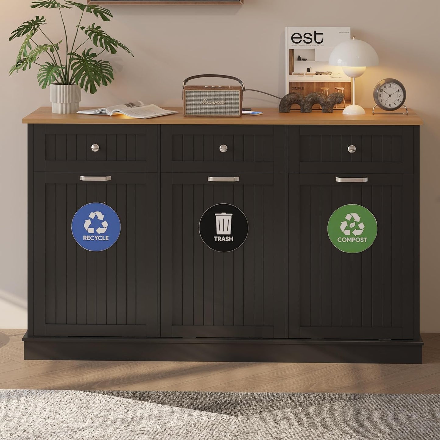 30 Gallon Tilt Out Trash Cabinet, Wooden Kitchen Trash Can Cabinet with Hideaway Drawer, Freestanding Laundry Hamper Garbage Recycling Cabinet on Wheels, Pet Proof, Triple, Black