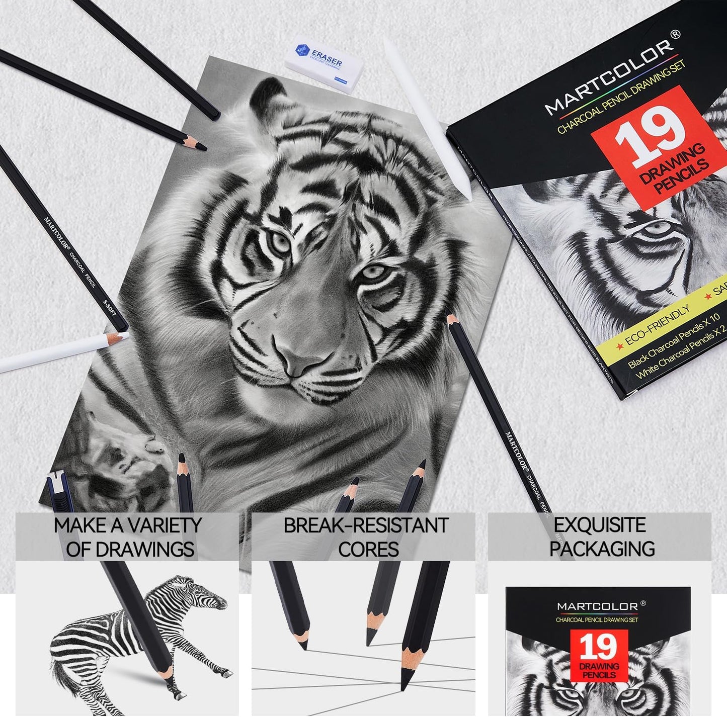 Charcoal Drawing Set, 19 Pieces, Black & White Charcoal Pencils for Drawing, Sketching, Shading, Blending, Artist Pencils for Beginners & Pro Artists