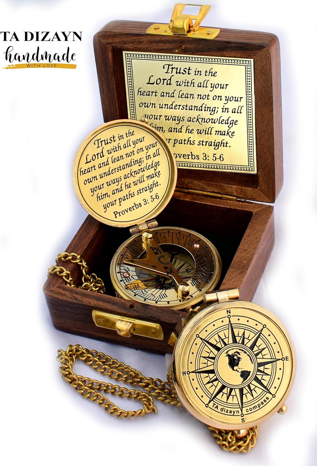 Trust in The Lord With All Your Heart - Proverbs 3:5-6 Quote Engraved Compass With Wooden Box, Greeting Card, Gift Compass, Graduation Day Gifts 2024 for Women Men Boys Girls
