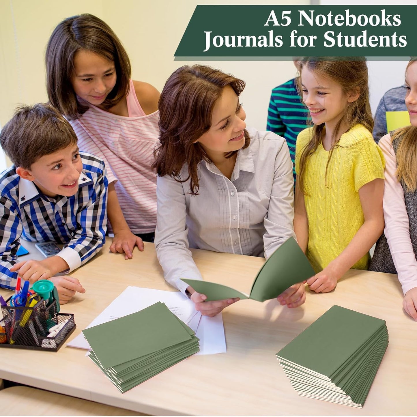 Sepamoon 150 Pack Kraft Notebook Journals 5.82 Inch x 4.13 Inch A6 Softcover Notebooks Bulk for Kids Student Writing Sketch Travel Journal Office Notepad with 48 Pages 24 Sheets, Lined(Light Green)