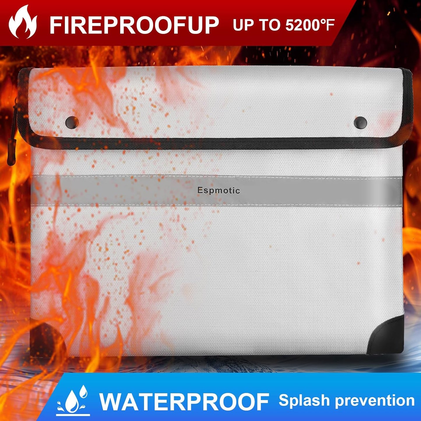 Fireproof Document Bag – 5200°F Heat-Resistant, 10.6"x14.2" Waterproof Money Pouch with 8-Layer Protection, Zipper and Snap Closure, Reflective Strip for Quick Access, Gray