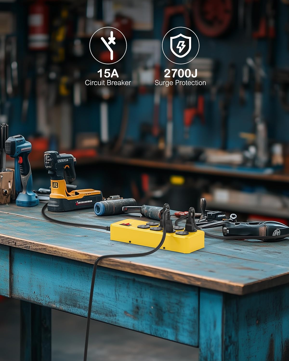 Heavy Duty Power Strip,Industrial Heavy Metal Case Surge Protector,8 AC Outlets,15Amp,2700 Joules,Protected' Indicator,14 Gauge Cord (Yellow, 6FT Length)