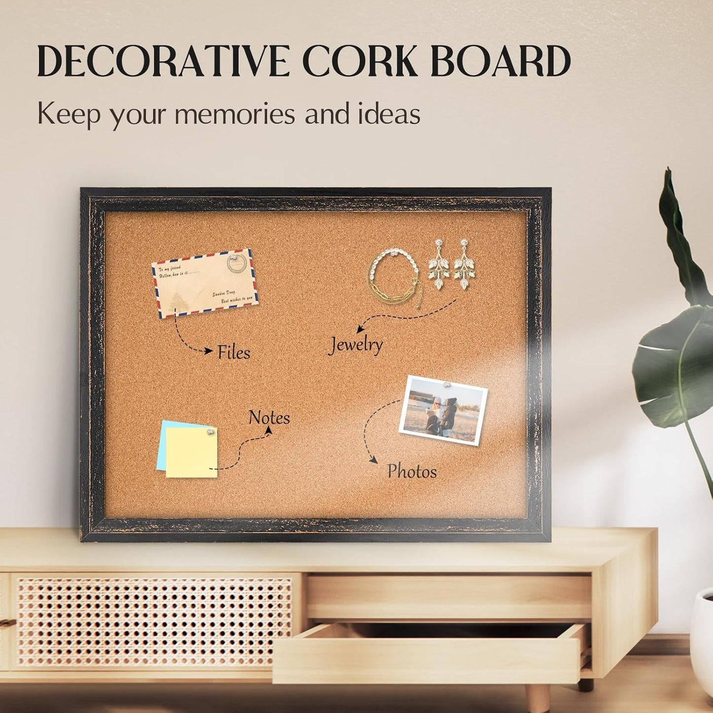 Cork Board Bulletin Board, 30" x 20" Corkboard for Wall, Rustic Black Wooden Frame, Decorative Hanging Pin Board for Home Office Room Decor, 10 Push Pins