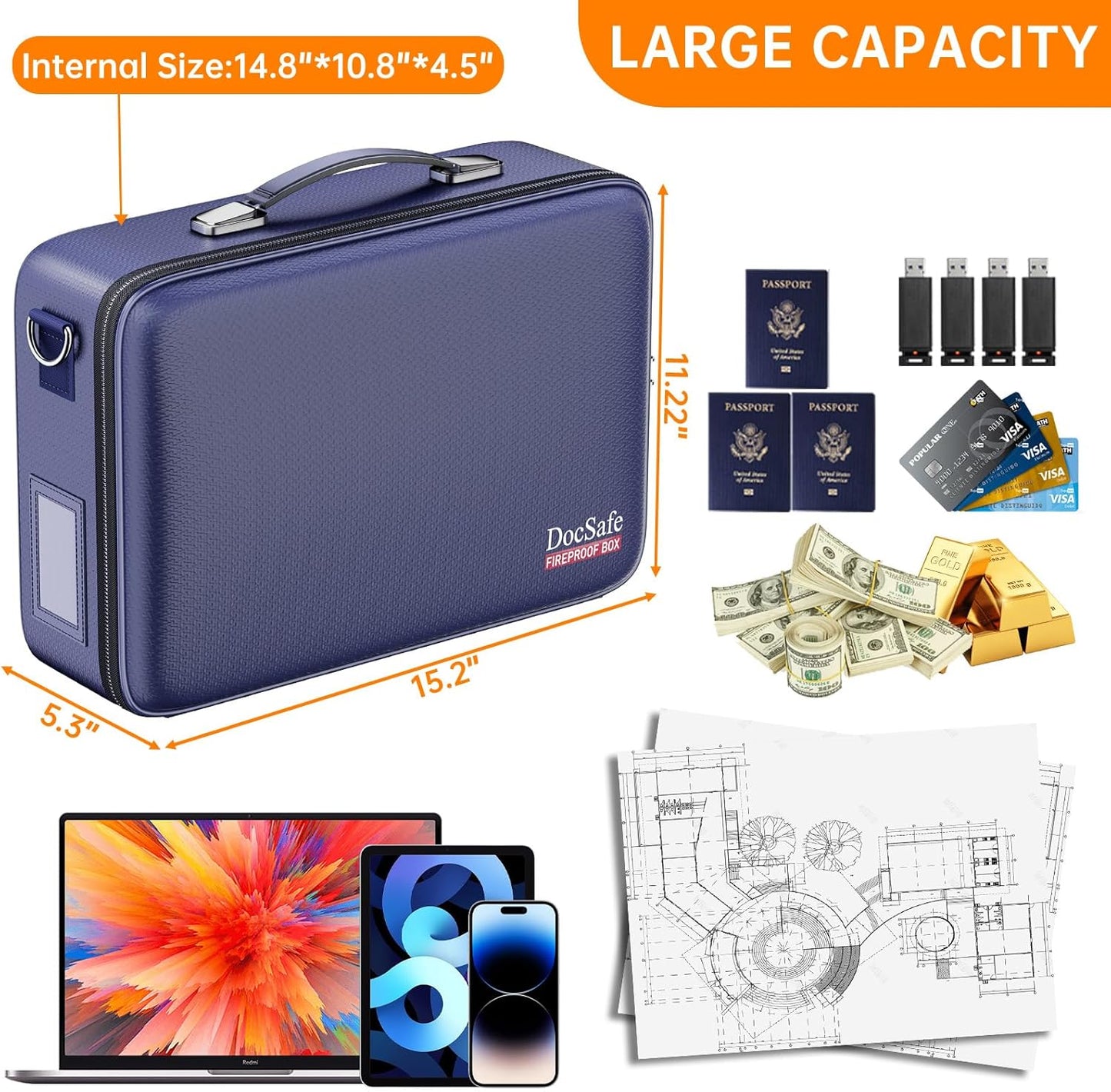 DocSafe Fireproof Document Box with Lock＆Shoulder Strap,Hard Case File Organizer with Accordion File Folder,Multi-Layer Portable Home Office Travel Safe Storage for Important Documents Laptop Blue