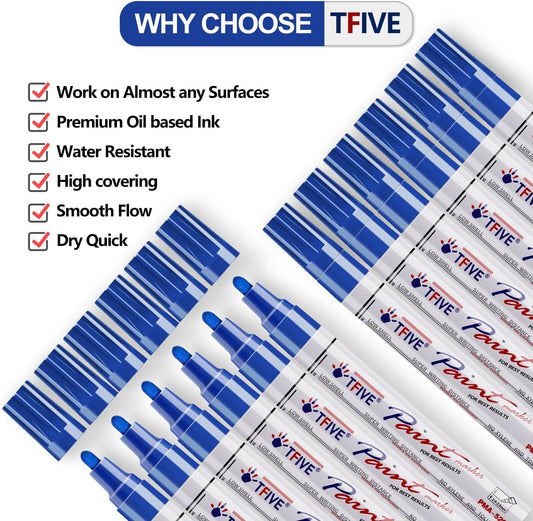 TFIVE Blue Paint Pens Markers - 12 Pack Oil Based Permanent Marker, Medium Tip, Never Fade, Quick Dry, Waterproof Paint Pen for Rocks Painting, Wood, Fabric, Plastic, Canvas, Glass, Metal