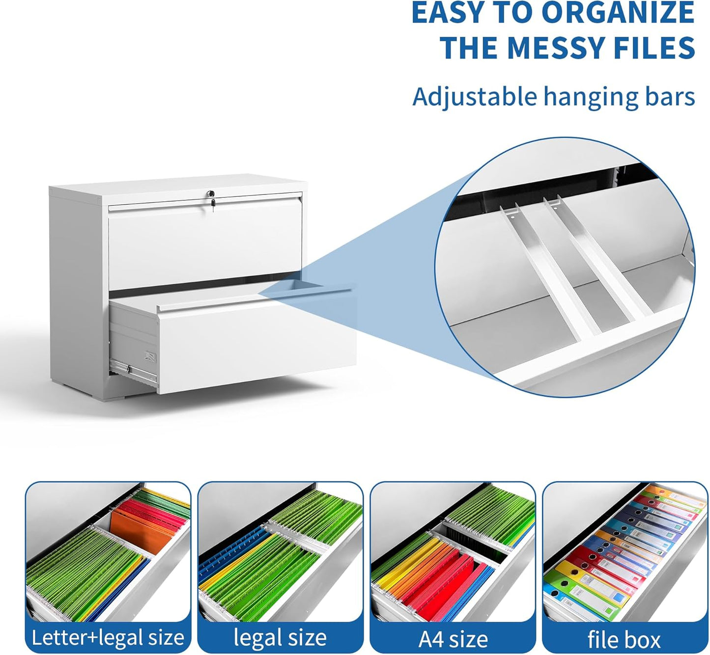 Lateral File Cabinet with Lock, Metal File Cabinets for Home Office Legal/Letter A4 Size, File Cabinet with 2 Drawer Storage Cabinet, Require Assembly, White