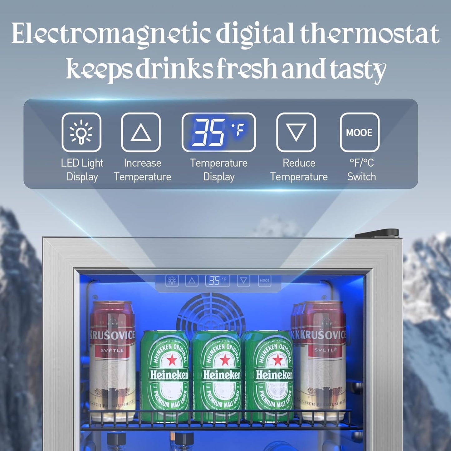 Beverage Refrigerator and Cooler, Freestanding Drink Dispenser for Soda Beer or Wine,90 Can Mini Fridge with Glass Door,Digital Temperature Control,Home, Bar, Office (Silver, 2.48 Cu.Ft)