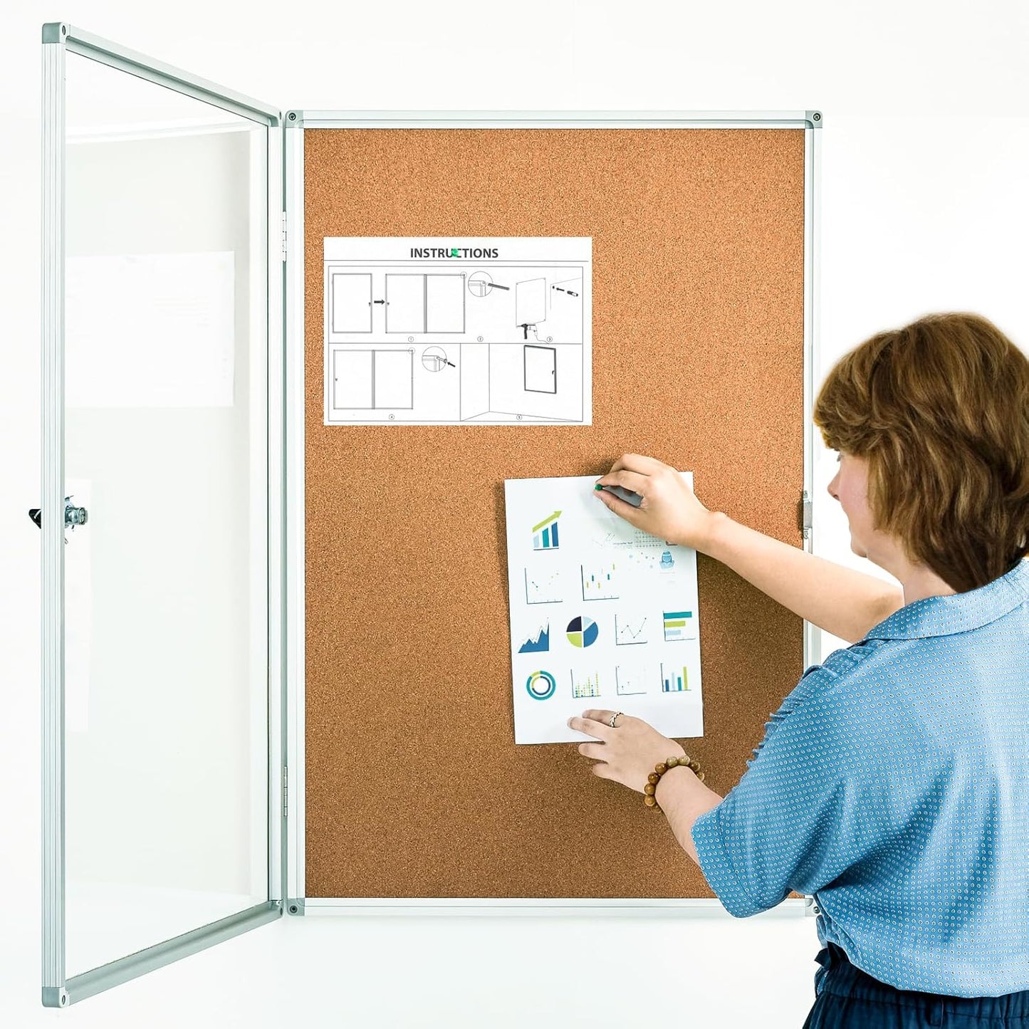 Pinboard Enclosed Bulletin Board 36 x 24 Inch Lockable Cork Noticeboard for School Office, Wall Display Case with Lock (Cork Board)