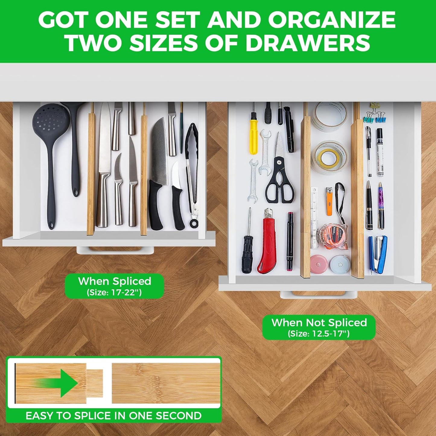 FJO 4 Pack Adjustable Bamboo Drawer Dividers - 12.5" - 21.7" Expandable Drawer Separators for Kitchen, Utensils, Clothes, Bedroom, Dresser, Bathroom (Beige)