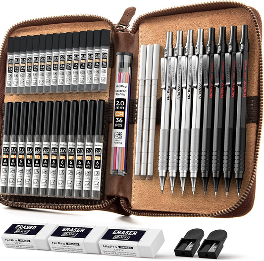 Nicpro 45PCS Black & Silver Metal Mechanical Pencil Set in Leather Case, Art Drafting Pencil 0.5, 0.7, 0.9 mm, 2mm Lead Holders for Sketching Drawing With 27 Tube (6B 4B 2B HB 2H 4H Colors)Lead Refill