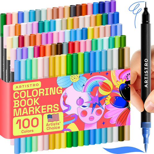 ARTISTRO 100 Brush Marker Pens Coloring Markers for Adults Brush Tip & 0.4mm Fineliner Pens Coloring Markers No Bleeding