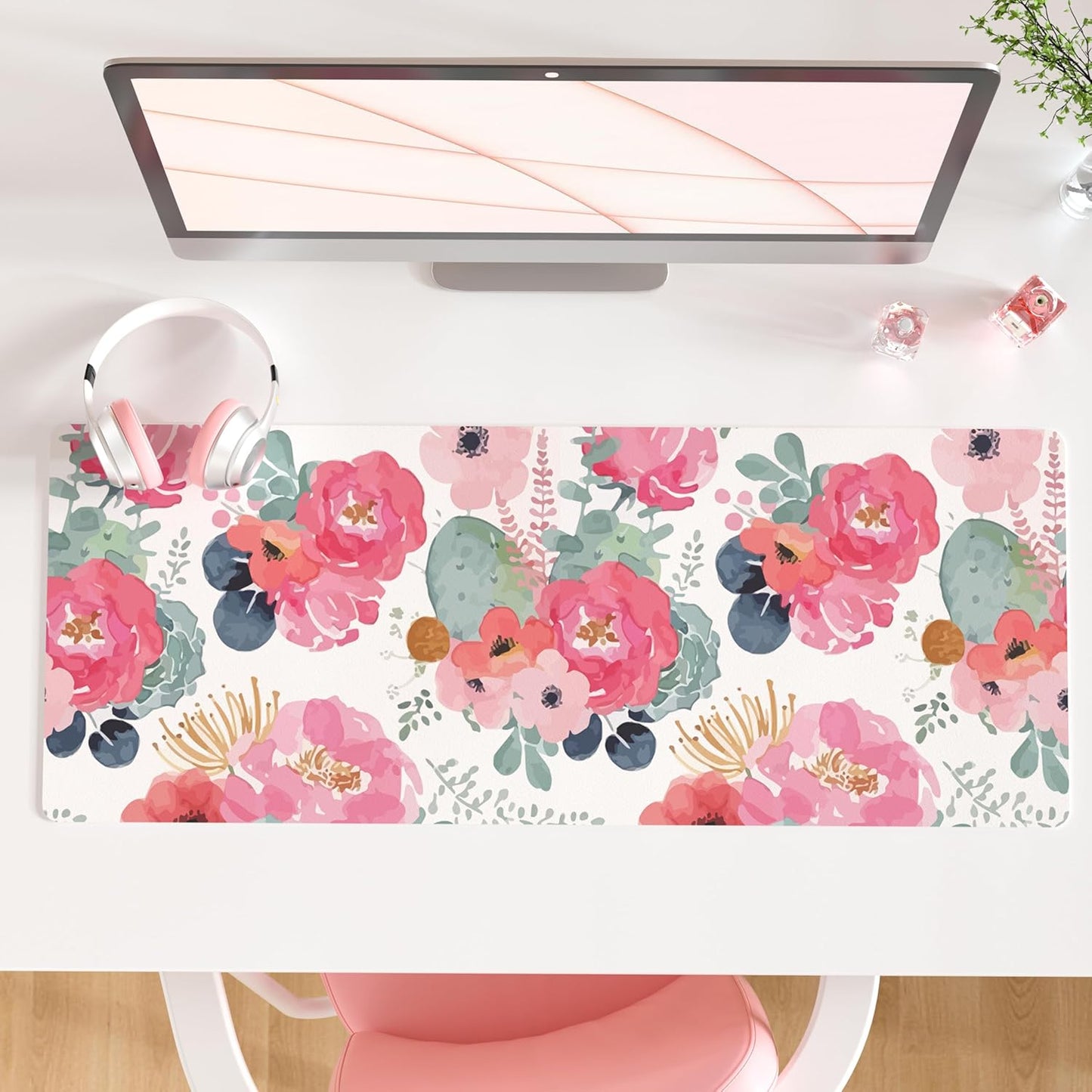 QIYI Large Mouse Pad, Pink Floral Desk Mat for Desktop, Women Girls PU Leather Waterproof Gaming Mousepad, Computer Laptop Desk Accessories Protector Writing Pads for School Office Home 31.5" x 11.8"