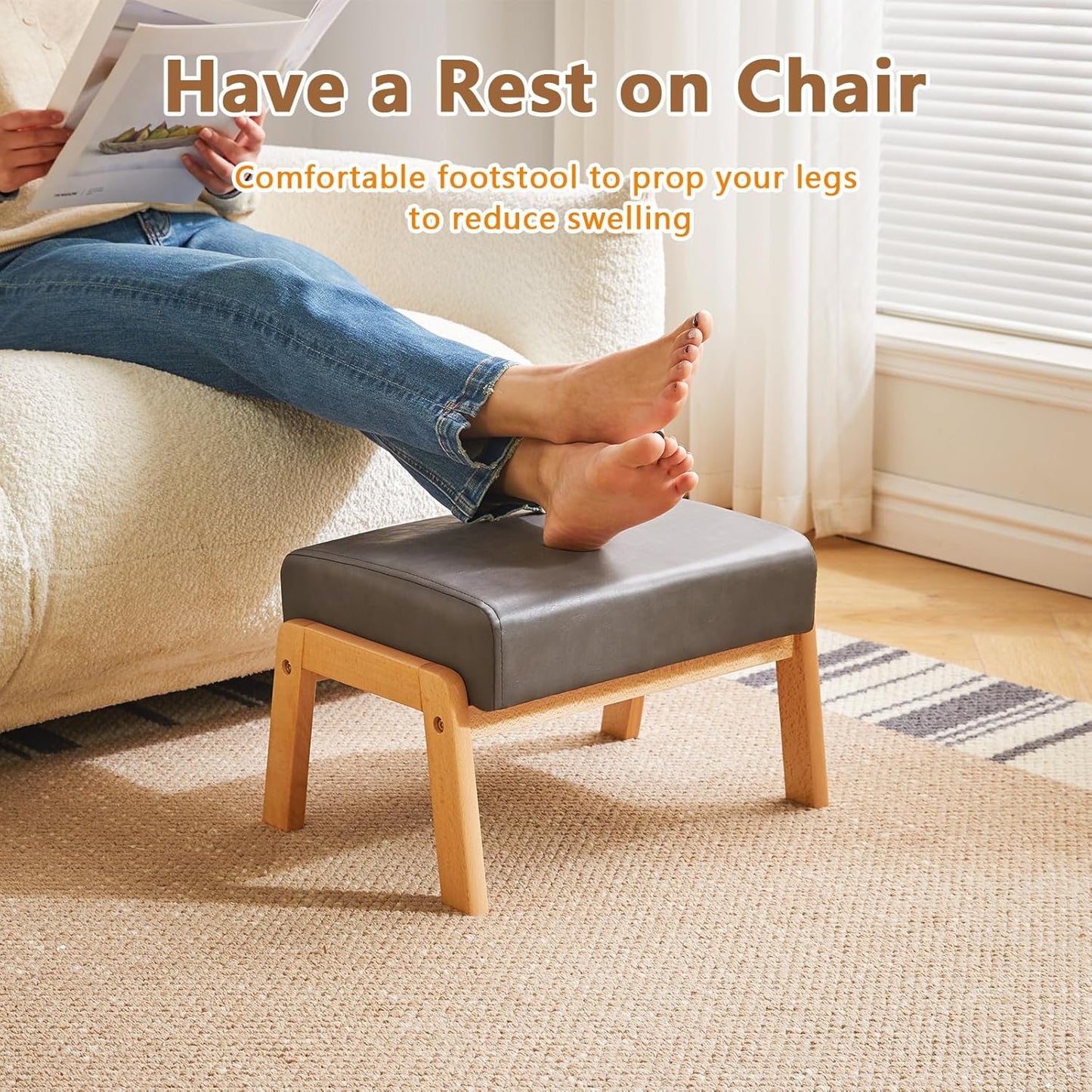 IBUYKE 10.2” H Small Foot Stool Ottoman, Rectangle PU Faux Leather Foot Rest with Padded Seat and Wood Legs, Modern Accent Ottoman Foot Rest for Living Room Bedroom Couch Office, Grey WBD013G