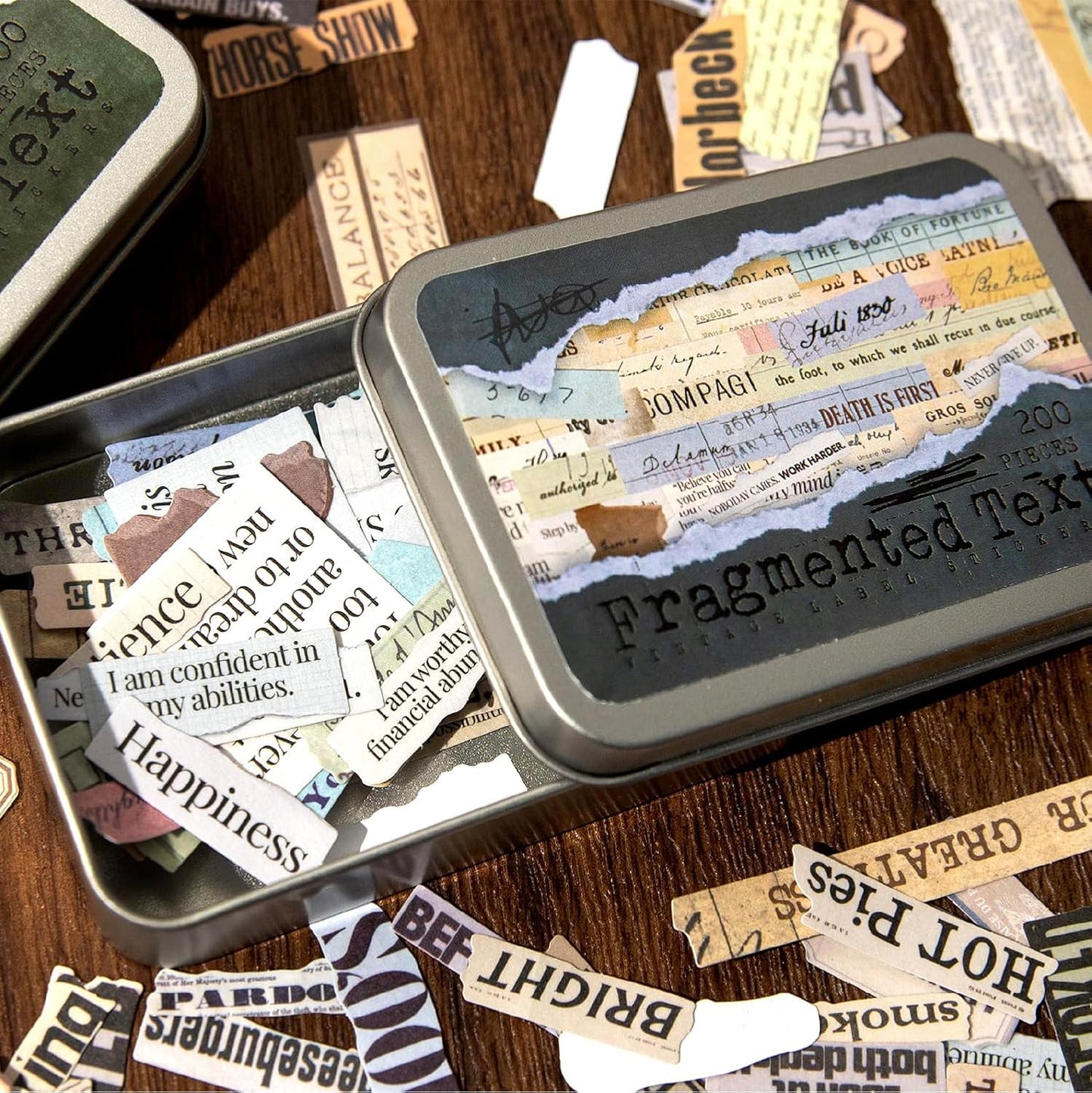 Vintage Fragmented Label Stickers, 400 PCS Washi Ephemera for Scrapbooking, Journaling, Crafting, DIY Projects, Diaries, and Art Supplies - 2 Iron Boxes Included