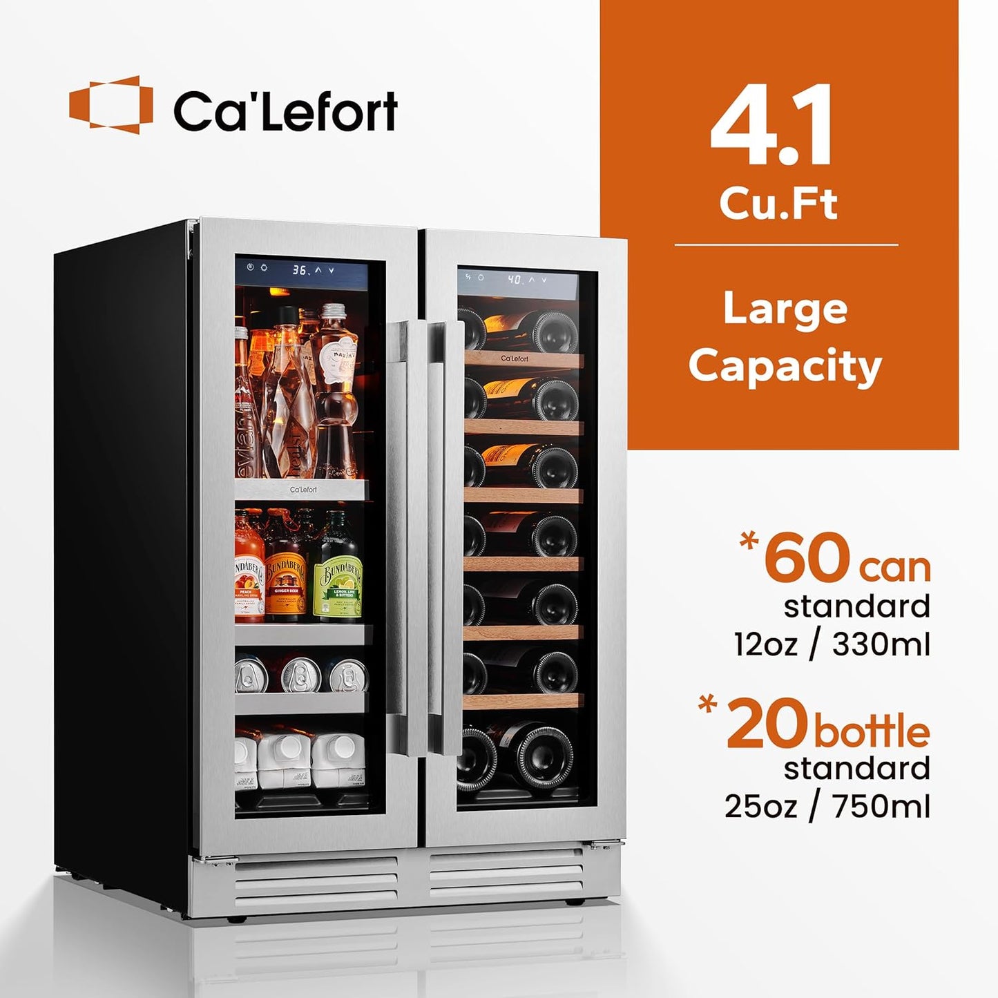 Ca'Lefort 24 Inch Wine and Beverage Refrigerator - 60 Can and 20 Bottle Wine Fridge Dual Zone 36-72°F, 3 LED Beverage Cooler Built in or Freestanding, Perfect for Home/Kitchen(4.10 cu.ft)