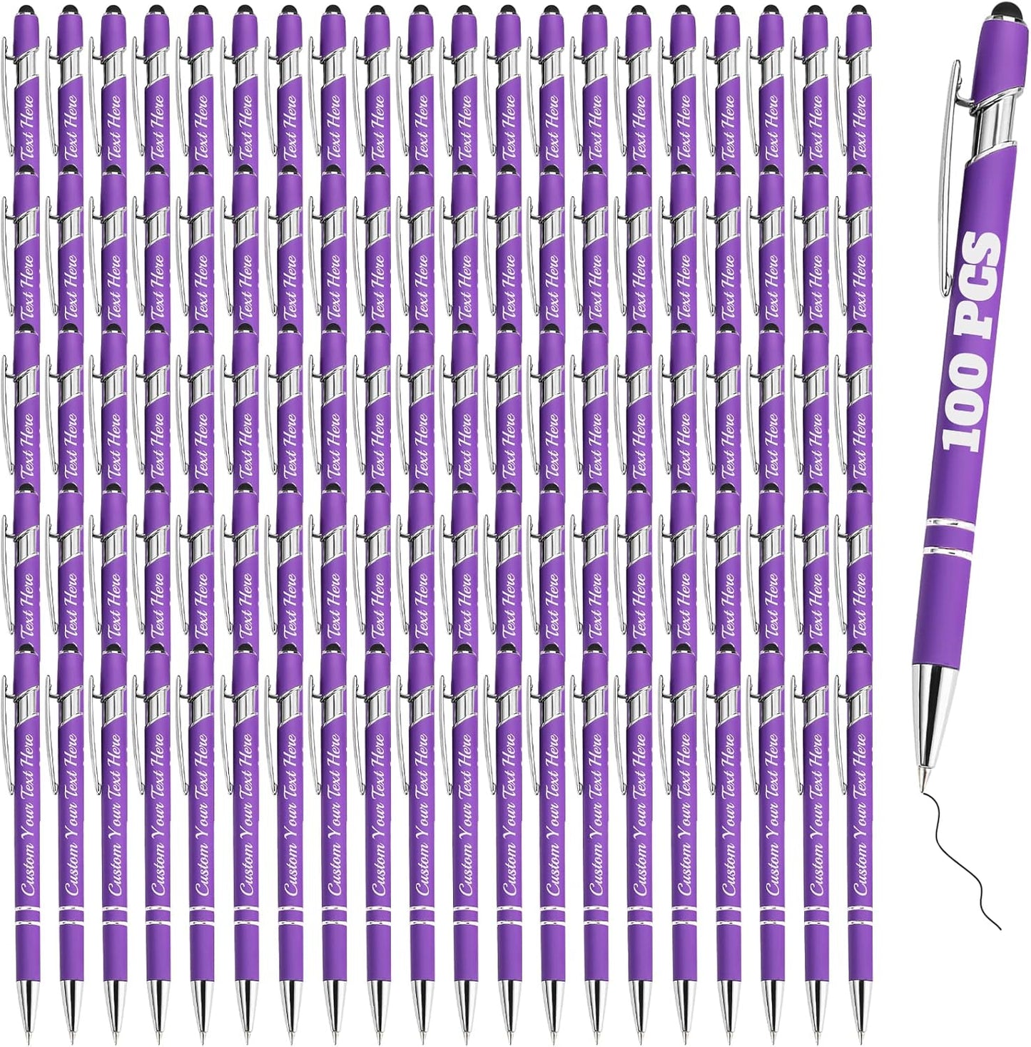 Personalized Pens Bulk 100 with Name Custom Engraving Ballpoint Pens with Stylus Tip Customized Smooth Writing Pens Personalized Gifts for Anniversary Birthday or Graduation(Purlpe,Black Ink)