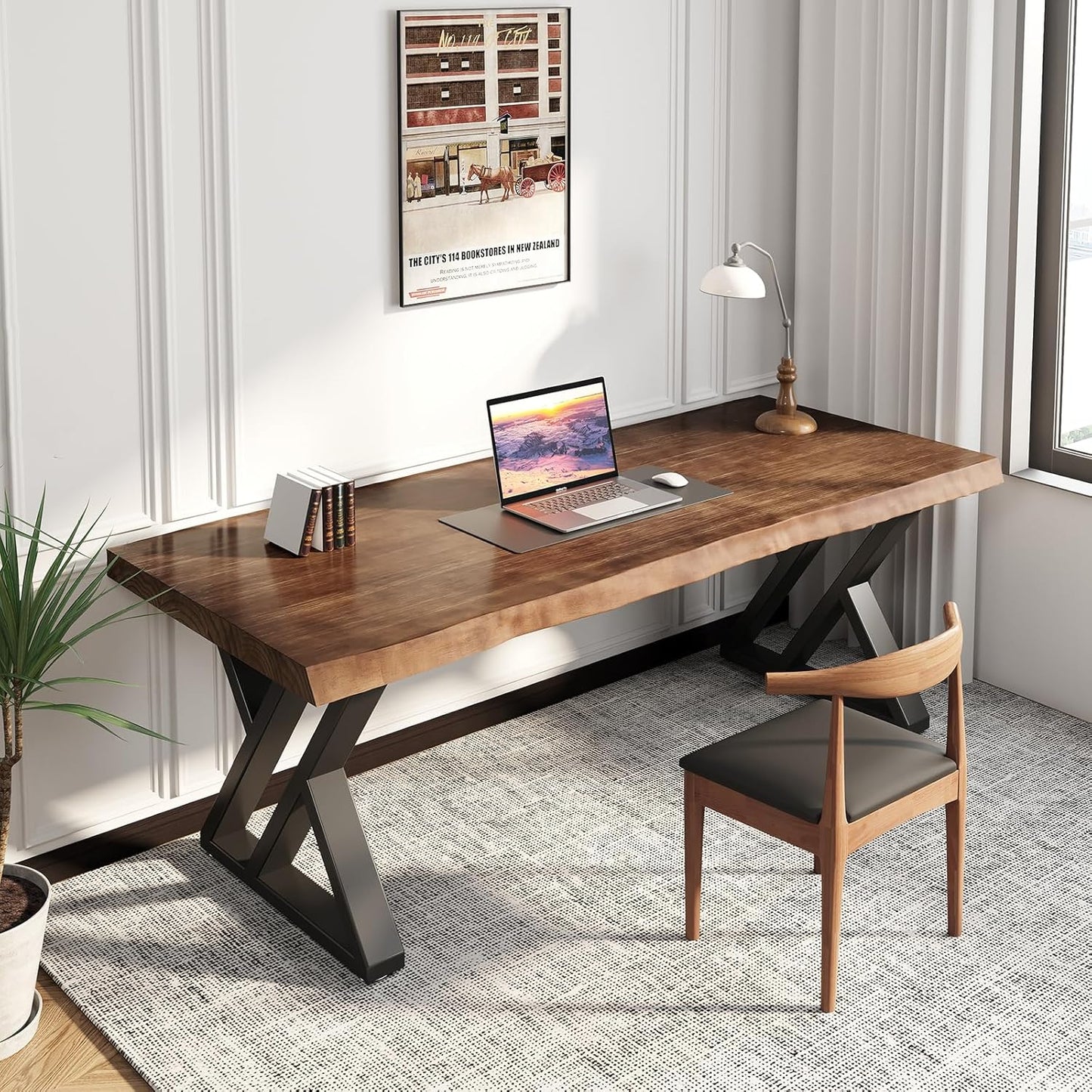 Solid Wood Desk 55 inches, Home Office Computer Desk Wooden Rustic Writing Desk Metal Modern Simple Design Executive Real Wood Desk(Rustic Brown)