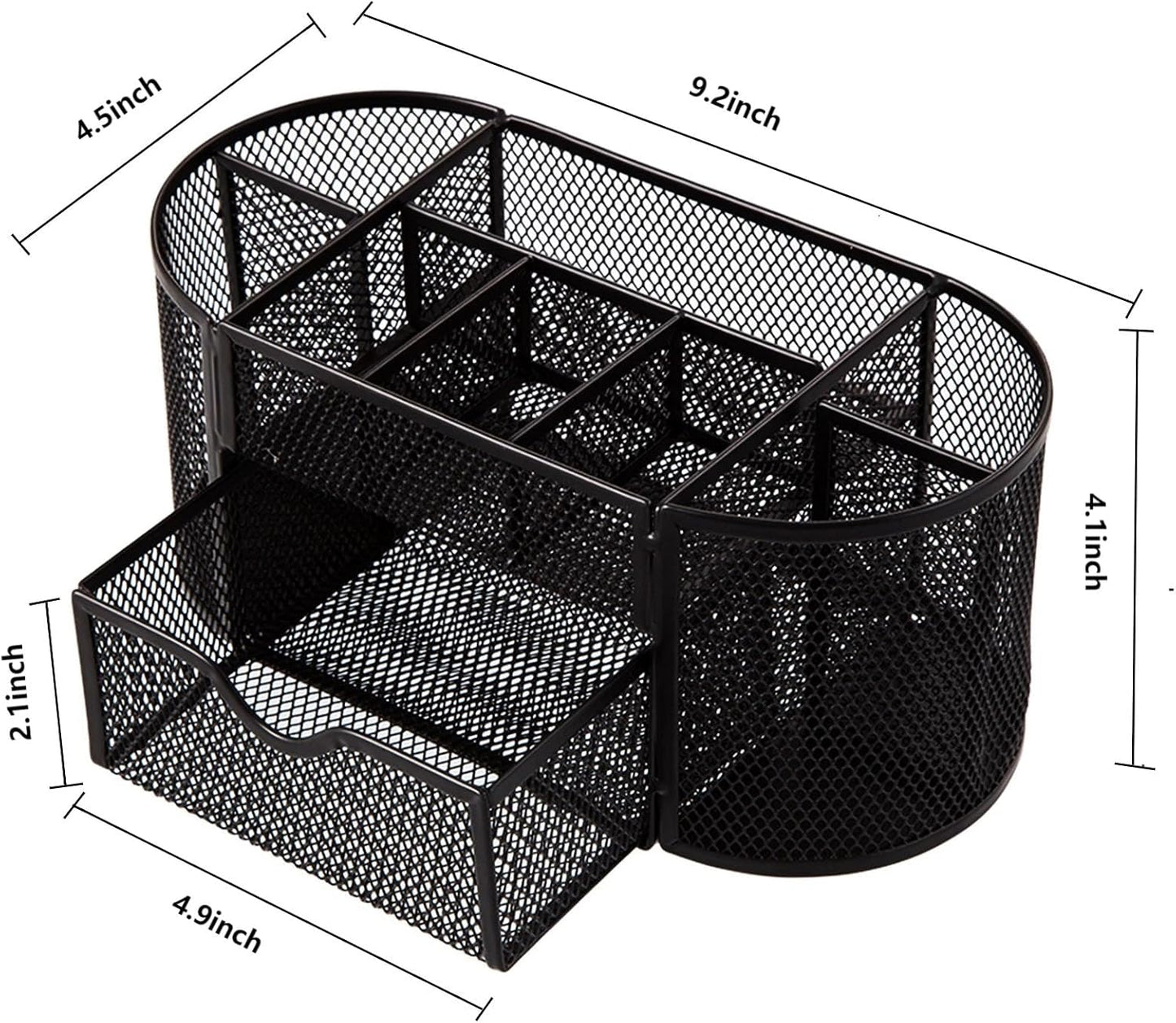 Comix Mesh Pen Pencil Holder Desk Organizer, 8 Compartment and 1 Drawer Wire Desktop Pen Pencil Cup Caddy Office Supplies Accessories for Home Office School, Black