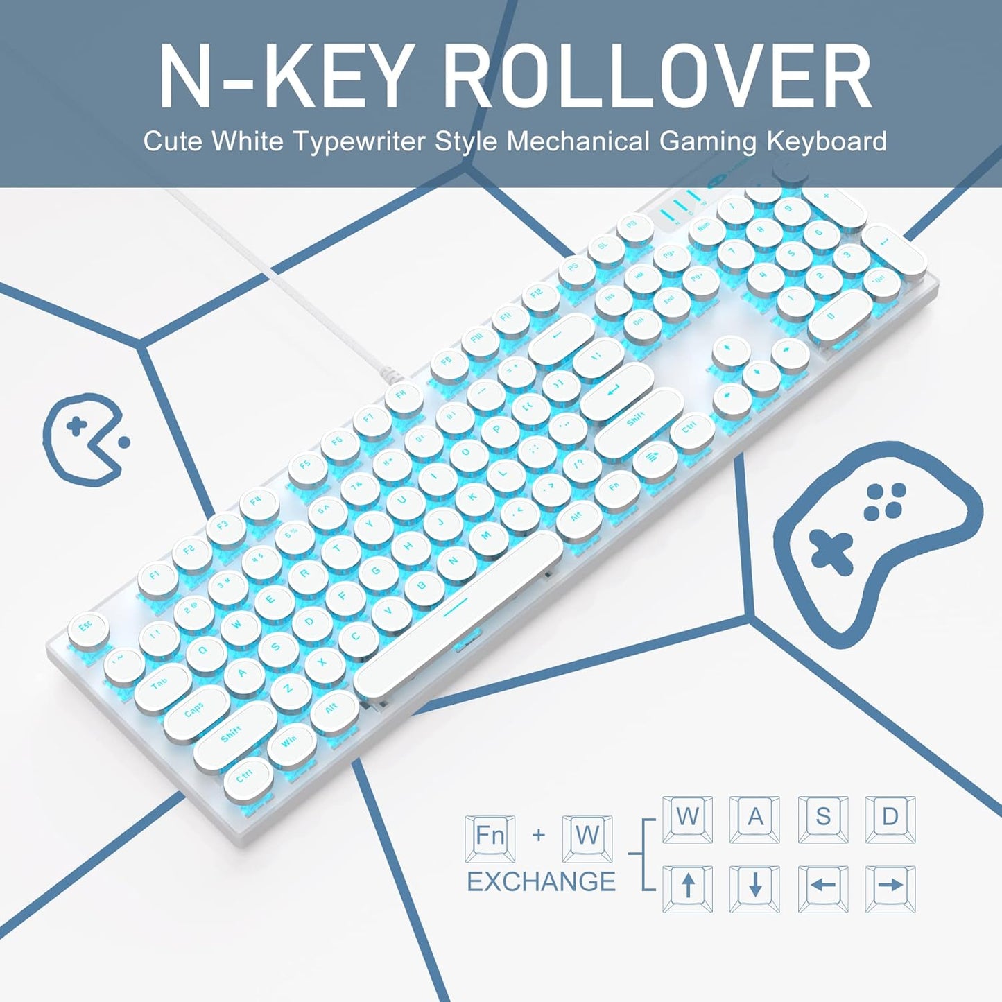 Camiysn Typewriter Style Mechanical Gaming Keyboard, White Retro Punk Gaming Keyboard with Blue Backlit, 104 Keys Blue Switch Wired Cute Keyboards, Round Keycaps for Windows/Mac/PC