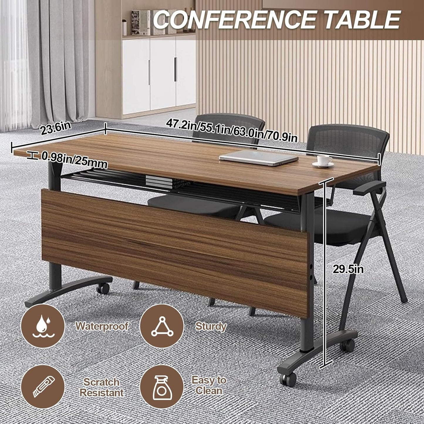 Folding Conference Room Table, Modern Conference Tables with Wheels, Large Rectangular Mobile Training Tables for Office Classroom, Foldable Modular Boardroom Seminar Table Walnut (6pack L70.9in)
