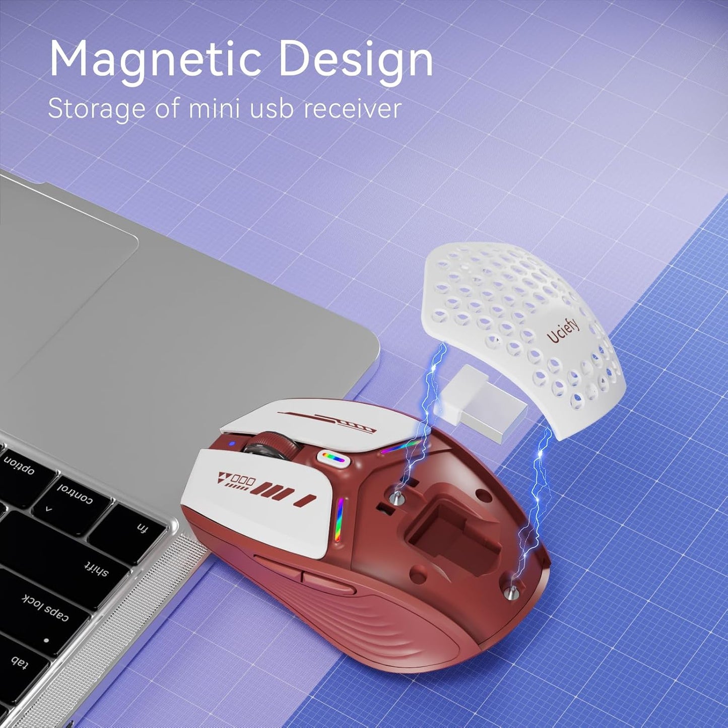 Uciefy Bluetooth Wireless Mouse, (BT5.0/5.1+2.4GHz) USB C Rechargeable LED Mouse Battery Level Visible, Honeycomb Magnetic Shell Cover with USB Receiver & Type-C Adapter for Laptop/PC/Mac/iPad-Red