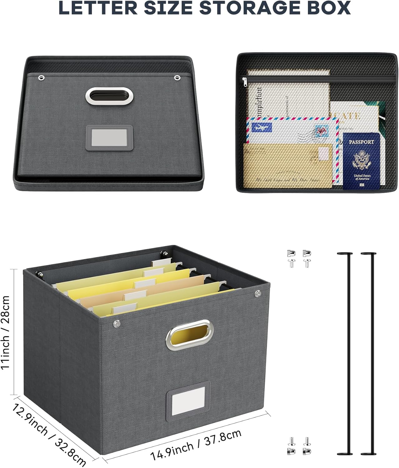 Oterri File Organizer Box with Lid,Large Hanging Filing Box with Mesh Pocket, Document Organizer for Letter Files, Portable Storage Case with Smooth Sliding Rail for Office&Home (1 PCS, Dark grey)