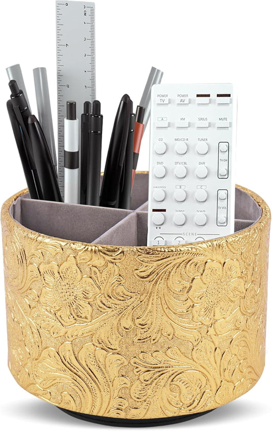 lizimandu Round Leather Art Supply Organizer,Remote Control Holder,360 Degree Spinning,Multi-Functional Pencil Holder,4 Compartments Desktop Stationary Organizer(1-Carved Gold)