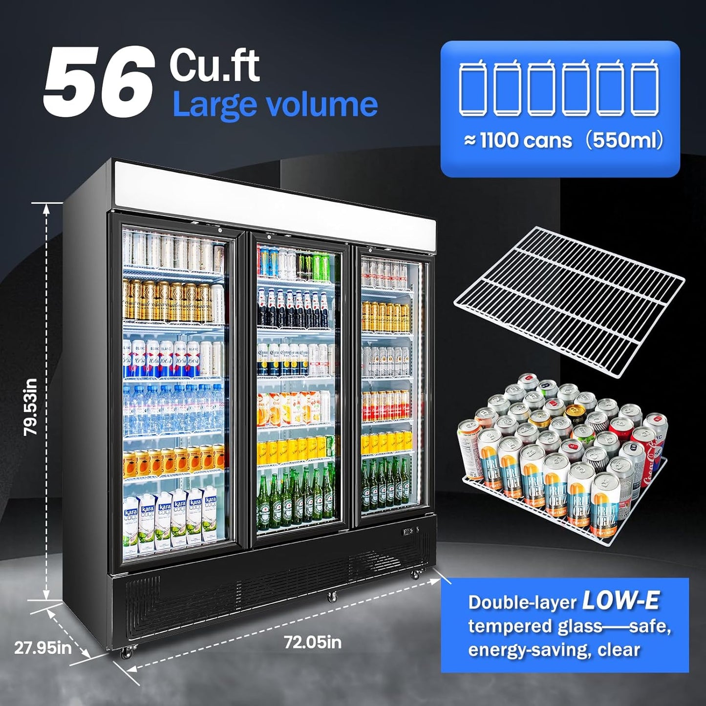 Commercial Beverage Refrigerator with 3 Glass Doors 56 Cu.ft Display Merchandiser Cooler Bar Black Drink Fridge for Convenience Stores, Supermarkets,Bars,Offices