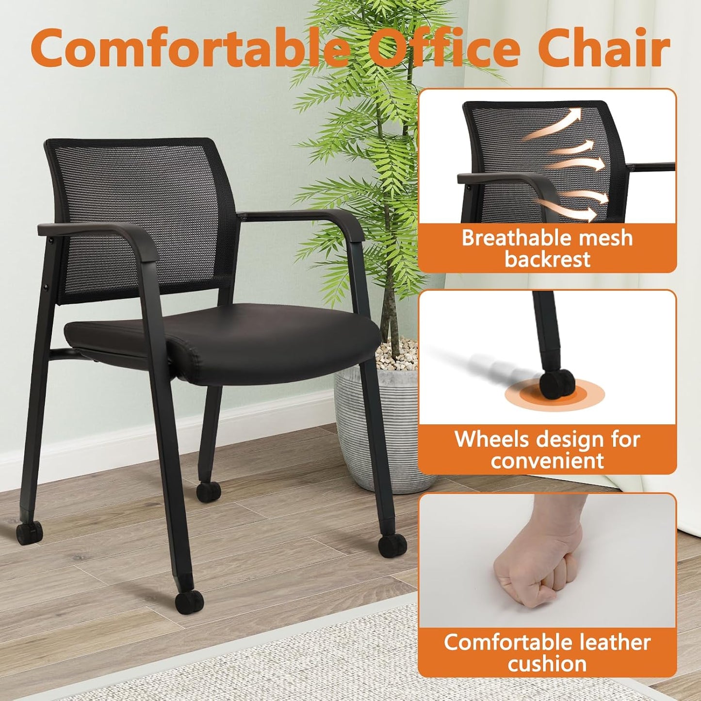 CLATINA Stacking Office Chair with Wheels, Mesh Back Waiting Room Guest Chairs with Arms Comfortable Leather Cushion Stackable Desk Chair for Conference Reception School Side Stationary, Black