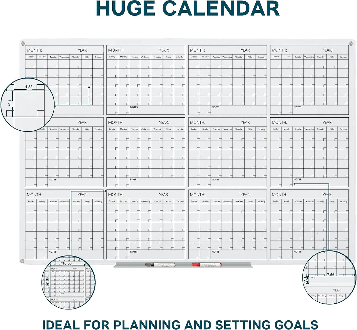 J&J worldwide Glass Whiteboard Yearly Calendar - 35" X 47" Large Wall Whitrboard - White Board Dry Erase Planner for Wall Home, School, Office
