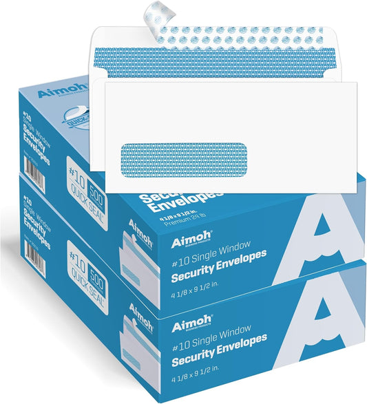 Aimoh 1000#10 Single Left Window SELF Seal Security Envelopes - Super Strong Quick-Seal Self Sealing Closure, Security Tinted, Size 4-1/8 x 9-1/2 Inches, 24 LB - 1000 Count (35210)